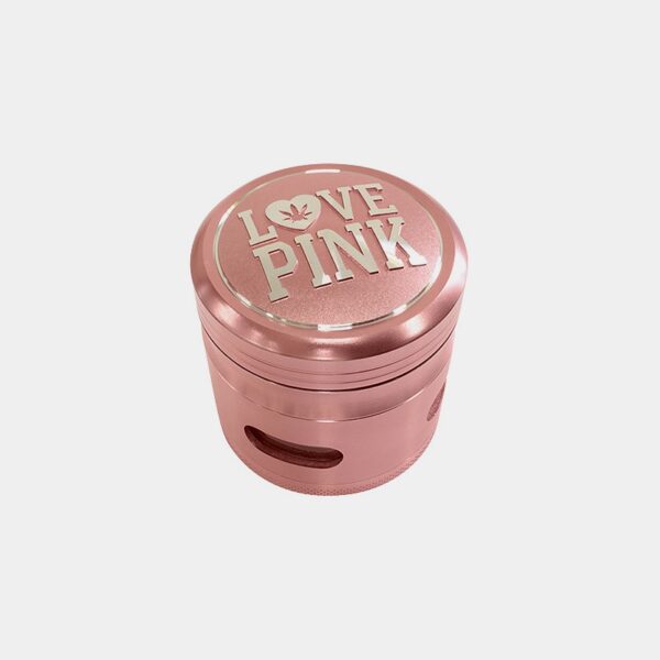 Grinder Rosa con relieve Pink Love 4 partes y ventanillas en el polinizador