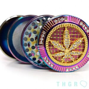 Grinder Bling Bling Hoja de cannabis con detalles dorados y brillantes color arcoíris 50mm